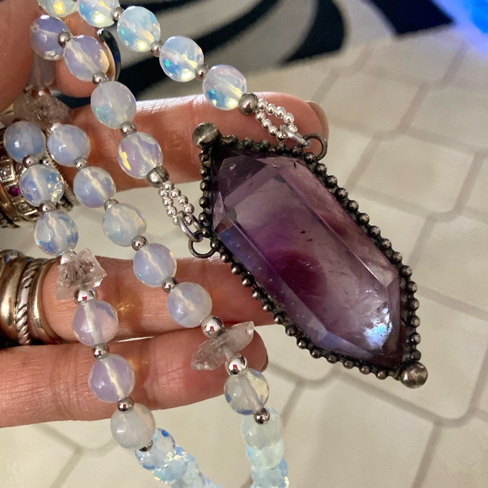 Amethyst , Herkimer diamonds crystal quartz & blue opalite beads boho necklace - Picture 3 of 16